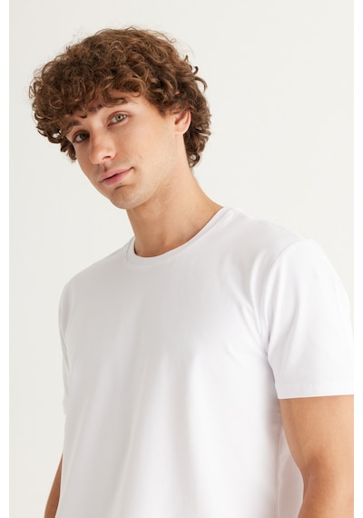 Erkek Beyaz 360 Derece Her Yöne Esneyen Slim Fit Bisiklet Yaka Tişört Beyaz