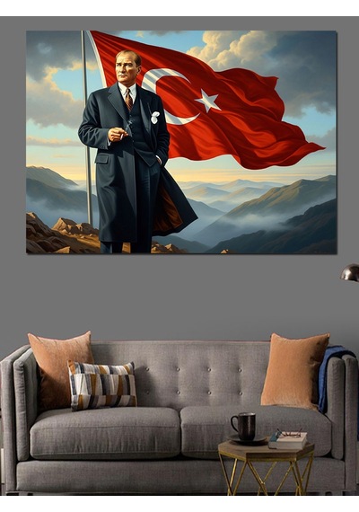 Tepede Dalgalanan Türk Bayrağı Ve Atatürk Dekoratif Kanvas - Mdf Ahşap Tablo