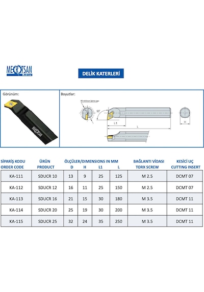 Mertsan Torna Delik Kateri SDUCR 12 12x150 Mm Takım Ölçüsü, 93 Derece, Dcmt 07 Kesici Uç Kullanır