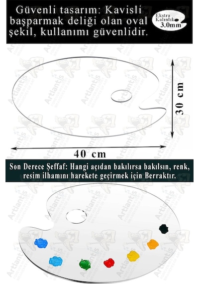 Pleksi Akrilik Resim Paleti 30x40 3mm 2 Adet Oval Palet Plastik Şeffaf Resim Boya Paleti Orta Boy Boyama Tepsisi