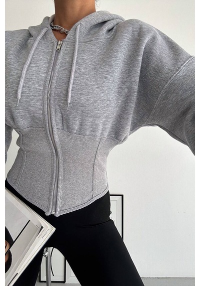 Kadın Siyah Fermuarlı Hoodie Minimal Sokak Ruhuyla Gri