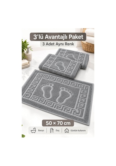 3'lü Banyo Ayak Havlusu 50x70 Cm 250 Gr Footera Gri