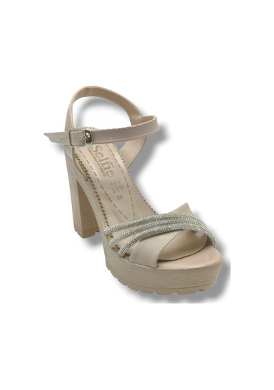 Selfie 4260-26 Rugan Taşlı Çapraz Bant Platform Topuk Fashion Kadın Sandalet 11cm Bej