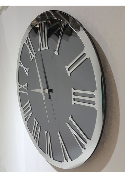 Ayna Denizi Silver Jet Smoked Model Gümüş Füme Renk 50 CM Dekoratif Aynalı Duvar Saati Gümüş