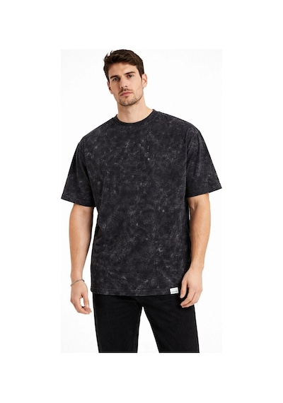Erkek Asit Yıkama Bisiklet Yaka Kısa Kollu Oversize T-shirt Tişört - Siyah Siyah