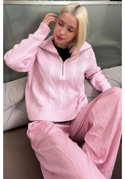 Madmext Pembe Örgü Desenli Fermuarlı Yaka Kadın Triko Kazak Mg2546 Pembe