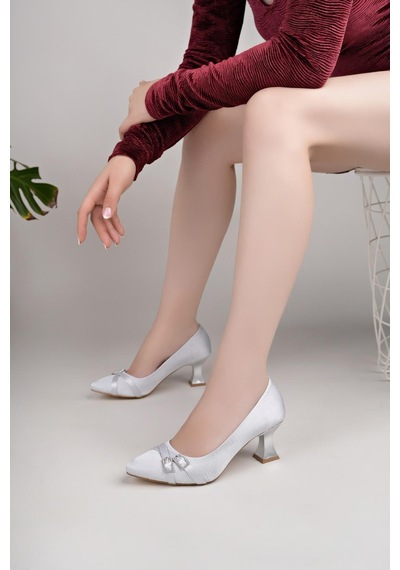 Nesilshoes Nesil Shoes Bln 830 Gümüş Kumaş Topuklu Kadın Ayakkabı