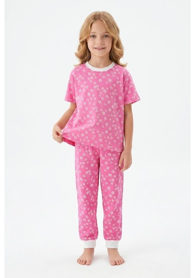 Bunny Hopp Kız Çocuk Pijama Takımı %100 Pamuk Çiçek Desenli Yazlık Kısa Kollu Fuşya