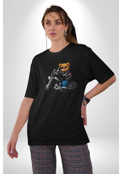 Kask Güneş Gözlüğü Motor Ayı Pamuklu Bisiklet Yaka Unisex Oversize Boyfriend Dijital Baskılı Siyah T-shirt Siyah