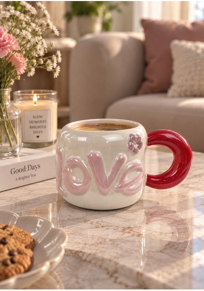 Dear Love Lüsterli Kırmızı Porselen Kupa 480 Ml-7744 Çok Renkli