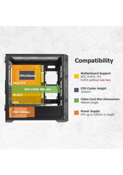 Ponos Ultra Ms4 E-atx Orta Kule Pc Kasası, Açılan Temperli Cam Yan Panel, Ön Kurulum 4 Argb Fan