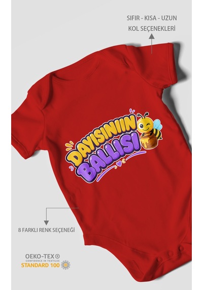 Morivokids Dayısının Ballısı Kısa Kollu Bebek Body %100 Pamuk Kırmızı