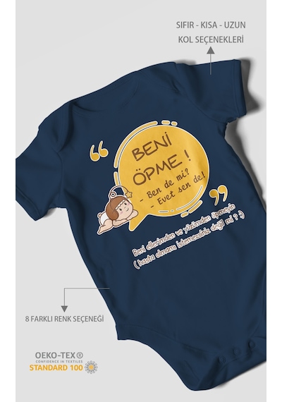 Beni Öpme Bende Mi Evet Sende Baskılı Bebek Zıbını Çıtçıtlı Body %100 Pamuk Kısa Kol Lacivert