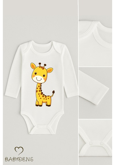Babyden's Sevimli Hayvan Figürlü %100 Pamuk Uzun Kollu Çıtçıtlı Bebek Body Zürafa Beyaz