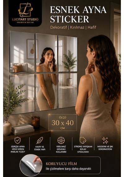 4'lü Set 1 Mm Premium Aynalı Pleksi 30x40 Cm Esnek Yapışkanlı Dekoratif Duvar Aynası Süs Ayna Gümüş Gümüş