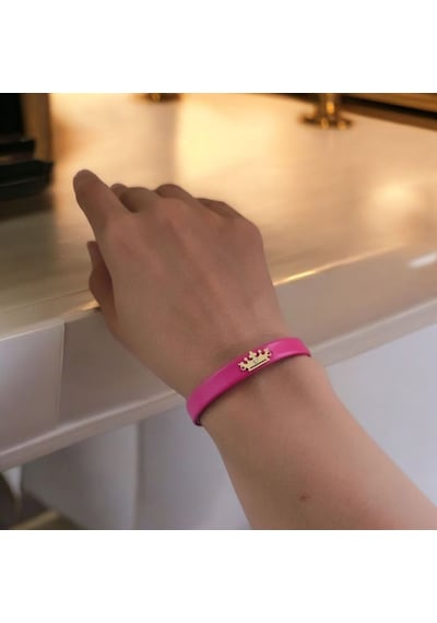 U Harfine Özel Doğal Pembe Derili Taç Motifli 14 Ayar Altın Plakalı Hediye Bileklik-495harf U