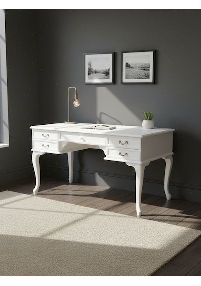 Throne Fransız Still Çekmeceli Ahşap Çalışma Masası 75x140 Beyaz