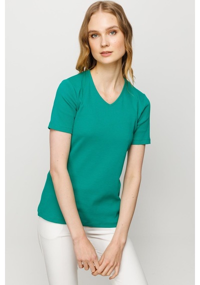 Kadın V Yaka Kaşkorse Pamuk T-shirt Yeşil Yeşil