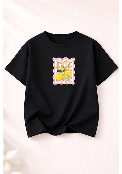 Herkesemoda Limon Baskı Detaylı Bisiklet Yaka Pamuklu Basic T-shirt Siyah
