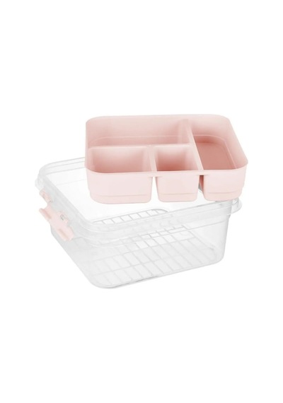 Kapaklı Bölmeli Makyaj Takı Saklama Çok Amaçlı Organizer Alet Edevat Kutusu Bijuteri Hobi Ecza Malzeme Kabı 4,5 L Pembe Açık Bej