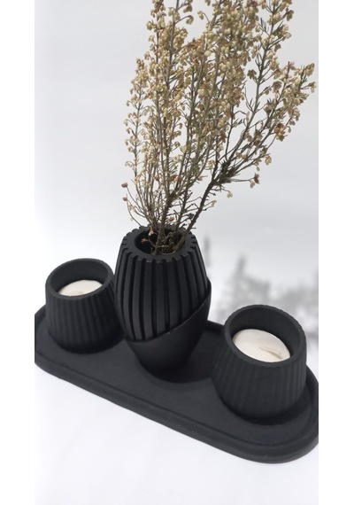 İskandinav Tabaklı Vazolu Tealight Mumluk Set Siyah