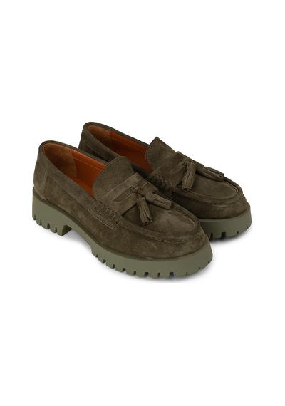 Deery Kadın Hakiki Süet Haki Püsküllü Loafer - 02035zhakc03