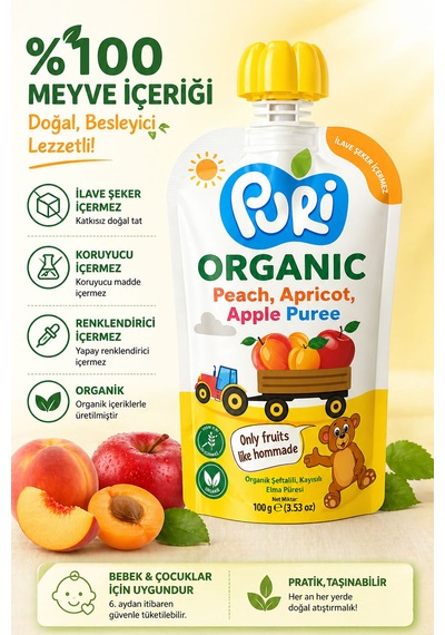 Organic %100 Organik Meyve Püresi Şeftali - Kayısı - Elma 100 G İlave Şekersiz