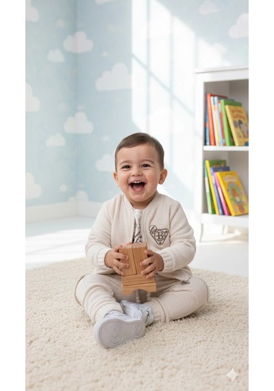 Bontino Erkek Çocuk Sweatshirt, Hırka Ve Pantolonlu %100 Pamuk 3'lü Spor Takım Ekru