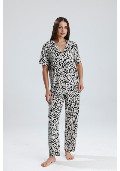 Kompedan Kadın Leopar Desen Önden Düğmeli Pijama Takım LEOPAR
