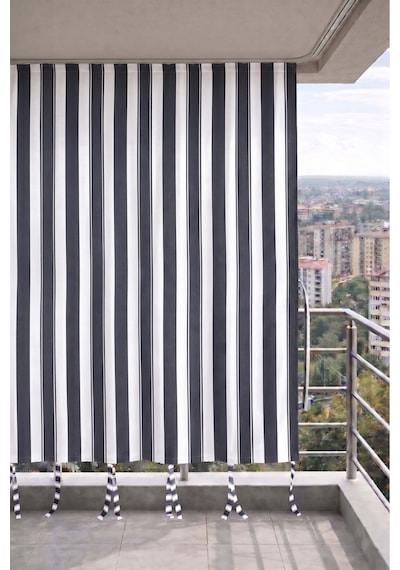 Antrasit-beyaz Balkon Perdesi Kornişli Bağcıklı Su Geçirmez Dış Mekan Dayanıklı Balkon Brandası