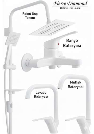 66231 Lavabo Banyo Mutfak Bataryası Ve Robot Duş Takımı Köşe Borulu Siyah Krom Beyaz Beyaz