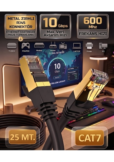 Cat7 Ethernet Kablosu 25 Metre 10 Gbps 600 Mhz Metal Zırhlı