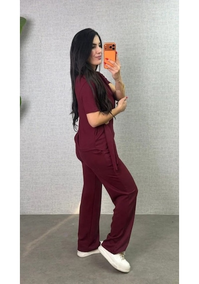 Buğrahayalin Kadın Kısa Kollu Bisiklet Yaka Yandan Toka Detaylı Viskon Iki Iplik Bluz Ve Pantolon Ikili Takım Bordo