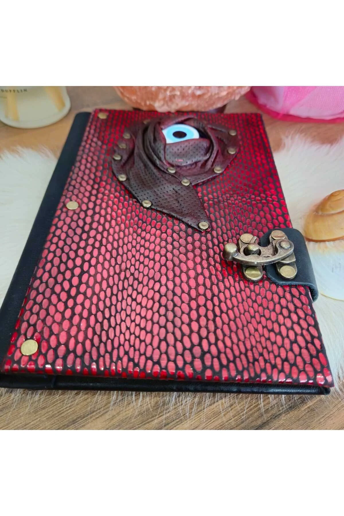 Hakiki Deri Italyan Baskili Özel Desen Nazar Boncuğu El Yapımı Defter Bordo