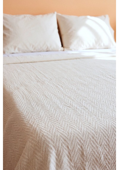 Krem Zigzag Çift Kişilik Baskılı Pike & Yatak Örtüsü 210x230 Cm