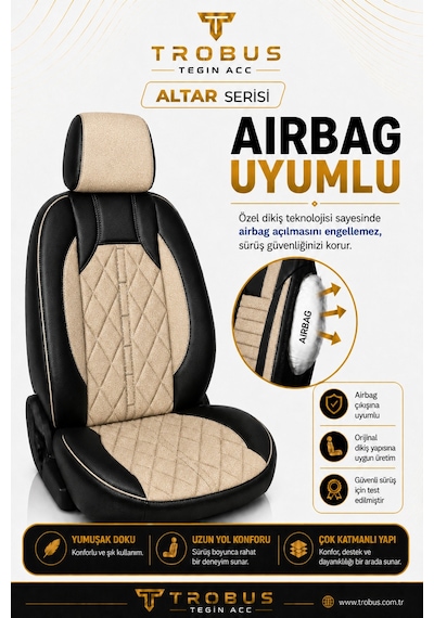 Fiat Egea Sedan 2014+ Uyumlu Altar Serisi Tay Tüyü Bej Siyah Premium Koltuk Kılıfı