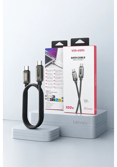 Ven-dens Dc14cc 100 W Pd Type-c To Type-c Hızlı Şarj Ve Veri Kablosu, 1 Metre, Örgü Kaplama, Siyah