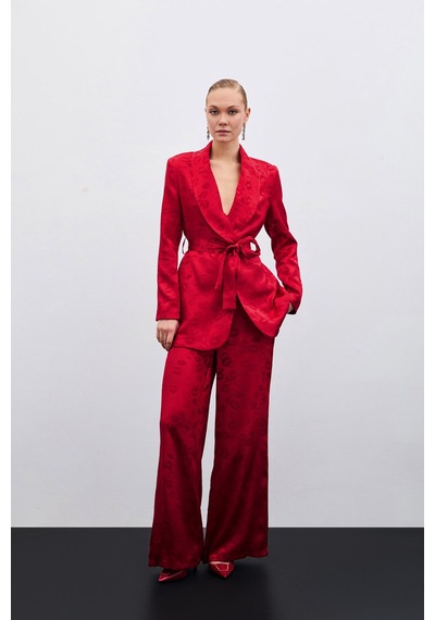 Sateen Bol Paça Desenli Pantolon - Kırmızı-135711 Kırmızı