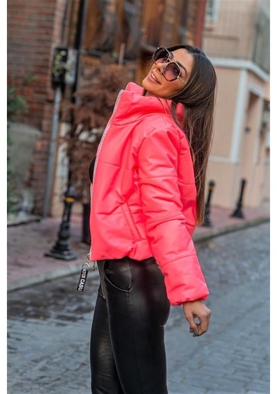 Pembe Dik Yaka Kısa Deri Şişme Mont