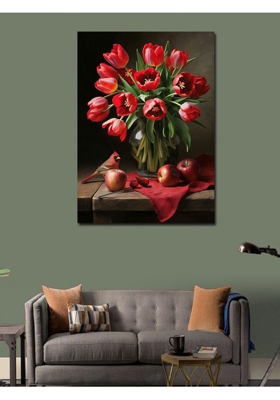 Kanvas Tablo Kırmızı Kuş Ve Çiçekler 50cmx70cm