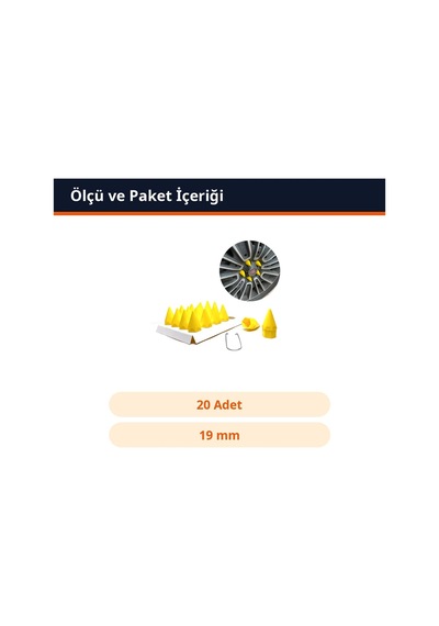 Trobus Sökme Aparatlı Sivri Bijon Kapağı Seti 20 Adet 19 Mm Sarı