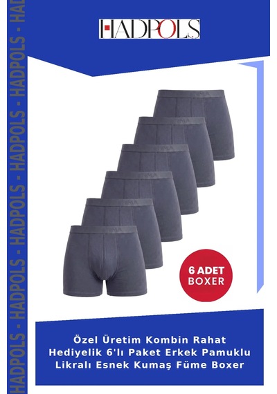 Hadpols Özel Üretim Kombin Rahat Hediyelik 6'lı Paket Erkek Pamuklu Likralı Esnek Kumaş Füme Boxer