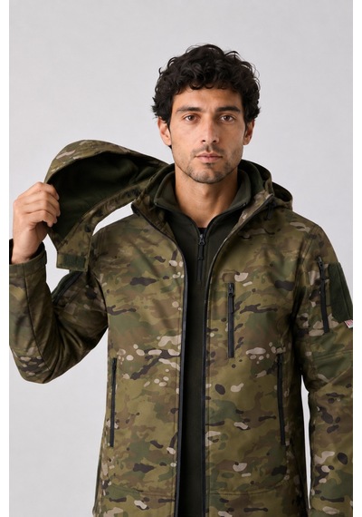 Maison Rae Erkek Outdoor Softshell Kamuflaj Mont Çıkarılabilir Kapüşonlu, Polar Astarlı, Çok Cepli, Patch Cırt Detaylı