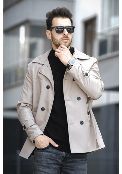 Oksit Lusaka Su İtici Slim Fit Kemer Detaylı Trençkot Taş Rengi