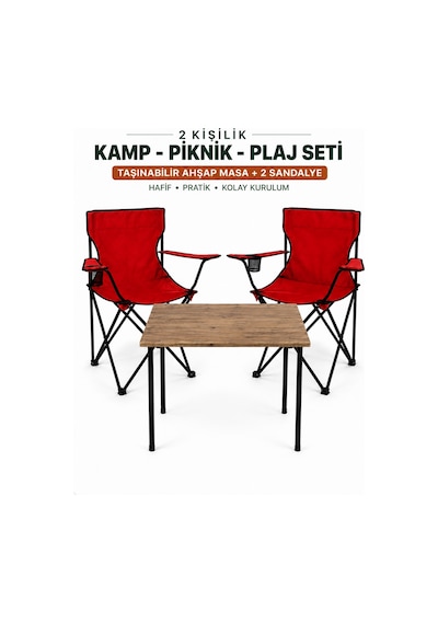 2 Sandalyeli Katlanır Kamp Masa Sandalye Seti 60x45 Cm 3 Parça Kırmızı