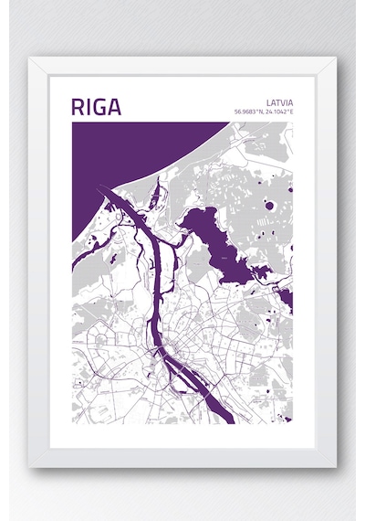 Riga Letonya Latvia Haritası Çerçeveli Tablo Lüks Salon Ofis Duvar Dekorasyonu Hediyelik Tablo Beyaz