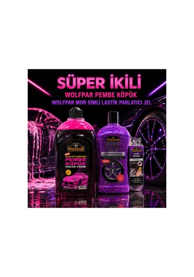 Süper İkili Pembe Köpük Oto Şampuanı + Mor Simli Lastik Parlatıcı Jel Ve Lastik Süngeri Seti