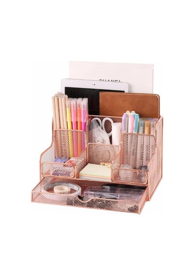 Temel Rose Gold Metal Mesh Masaüstü Organizer Çekmeceli Çok Bölmeli 25x17x16 Cm 9527r