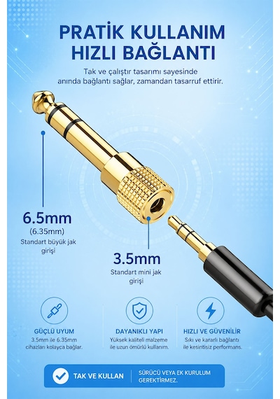 3.5mm Dişi - 6.35mm Erkek Ses Dönüştürücü Adaptör, Stereo Jak Çevirici, Kulaklık Mikrofon Hoparlör Amfi Mikser Uyumlu, Altın Kaplama, Metal Gövde, Tak Çalıştır S310