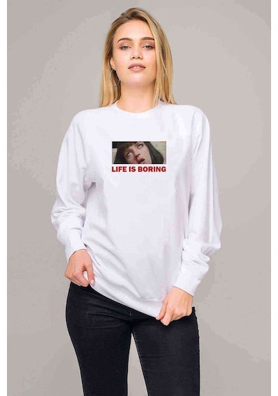 Life Is Boring Baskılı Beyaz Kadın Sweatshirt